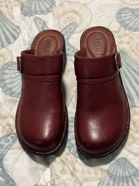 Born  Burgundy Leather Slip-On Clogs with Side Buckle